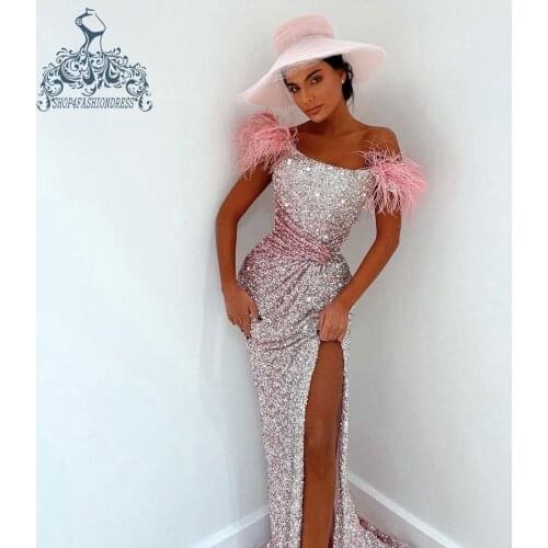 Sexy High Split Silver Sequins Mermaid Prom Gowns Sweet Pink Feather Formal Event Gowns Glitter Dubai Prom Dress Custom Made