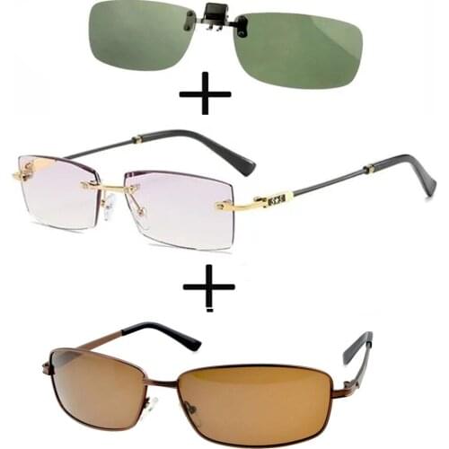 3Pcs!!! Rimless Frameless Luxury Reading Glasses for Men Women + Alloy Polarized Sunglasses Brown High Quality + Sunglasses Clip