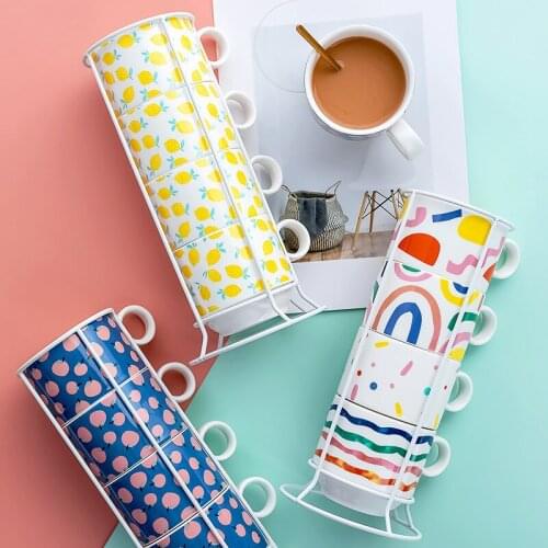 4PCS Cute Creative Pattern Ceramic Coffee Tea Mug Milk Stave Cups with Handle Mug Novelty Office Gifts Home Decoration