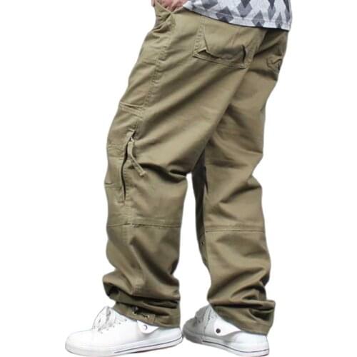Spring Cargo Pants for Men Casual Cotton Trousers Side Zipper Pocket Loose Baggy Straight Joggers Pants Man Clothing Plus Size