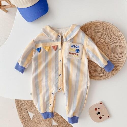 Autumn New Baby Boys Rompers Korean Striped Long Sleeve Printed Jumpsuit Baby Outfit