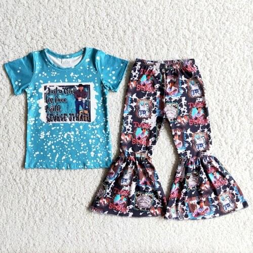 Blue Solid Color Top Match Cartoon Pattern Pants 2Pieces Set For Kids Fashion Girls Summer Spring O-Nech Outfits