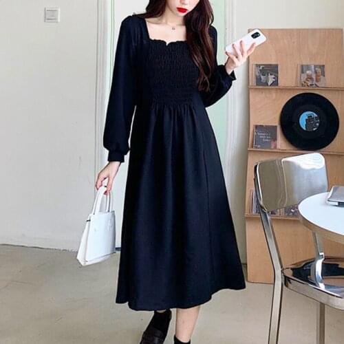 French Elegant Full Sleeve Long Dress Black Square Collar Women Gothic Fairy Dress 2021 Wedding Party One-piece Spring Clothing