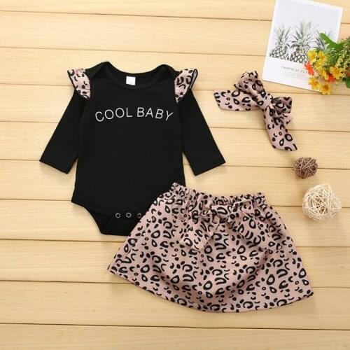 Baby Girls summer Cotton Clothing Sets leopard print clothing suit long sleeve top skirt head band Sets Three-Piece