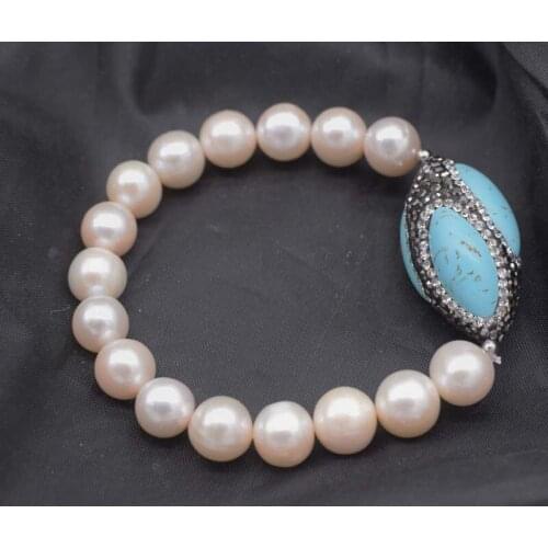 Freshwater pearl white near round 10-11mm green zircon turquoise egg bracelet 7.5inch wholesale beads FPPJ FPPJ