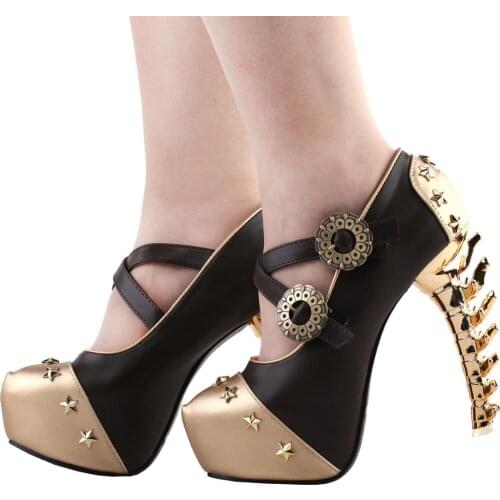 LF80682 SHOW STORY Women Sexy Star Stud Buckle Strappy Bone High Heels Platform Pumps