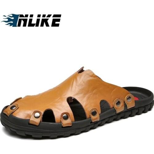 New Big Size Genuine Leather Men Slippers Beach Shoes Comfortable Men 2019 Summer