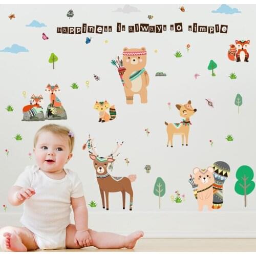 157*110cm Cartoon Friendly Animal Wall Stickers for Kids Room Bear Deer Fox Forest Animals Home Decor for Children Happy Sticker