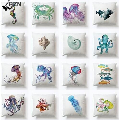 Sea Turtle Printed Cotton Linen Cushion Cover Marine Ocean Sea Horse Home Decor Pillowcase Octopus Sofa Pillow cover