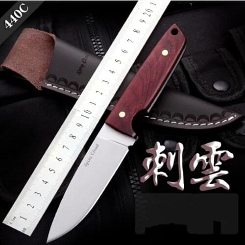 440C Steel Outdoor Sharpened Fixed Blade Knife Ebony Pattern Nail Handle Small Straight Knives Tactical Hunting Camping Knife