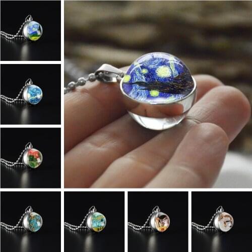 Hot Sale Double Sided Glass Dome Necklace Starry Night Van Gogh Art Picture Pendant Glass Cabochon Necklaces Handmade Jewelry