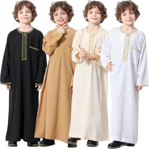 Ramadan Muslim Kids Boys Jubba Thobe Prayer Kaftan Jilbab Robe Arab Islamic Long Sleeve Children Clothing Modest Maxi Dress Robe