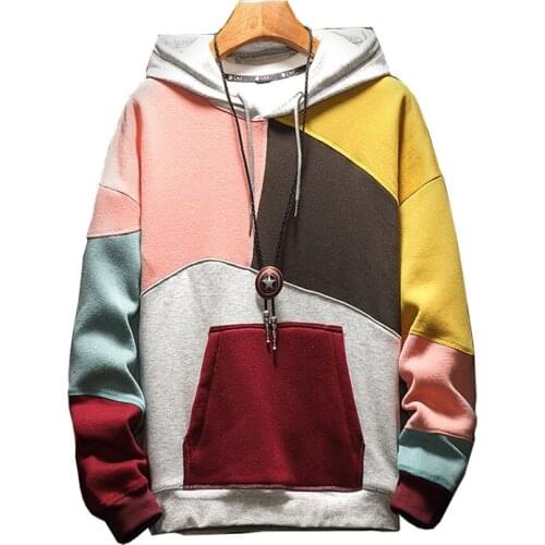 Plus Size Patchwork Contrasted Color Casual Hooded Shirt Men Pullover Hip Hop Streetwear High Quality Mens Hoodies Sweatshirts
