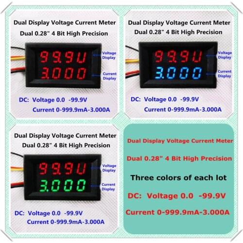 RD Blue/Red/Green+Red Dual LED 4 bit DC 0-100V/1A/3A 0.28 Digital Ammeter Voltmeter voltage current meter 5 wire [3pcs/lot]