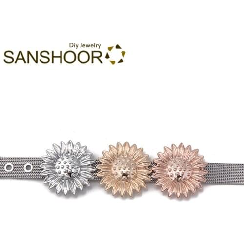 SANSHOOR 28mm Sunflower Large Slide Charms Fit 10mm Wrap Leather Diy Keeper Bracelet Stainless Steel Mesh Armband For Women 3Pcs