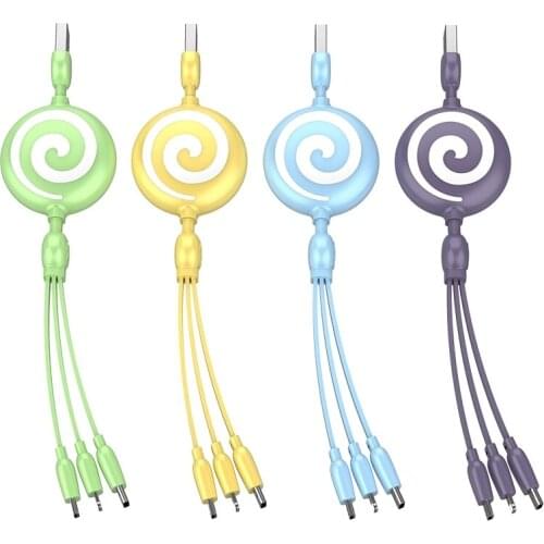 SJX-CB04 5A USB to 8 Pin + USB-C / Type-C + Micro USB 3 in 1 Retractable Fast Charging Data Cable
