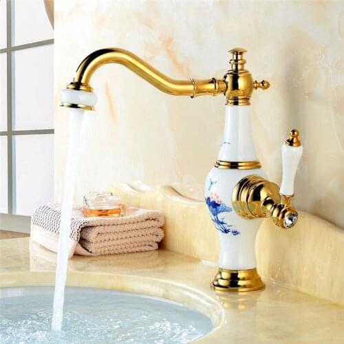 Bathroom Basin Faucet Golden Brass Sink Mixer Tap Hot & Cold Faucet Single Handle Ceramic Vase Shape Bathroom Crane Lavatory Tap