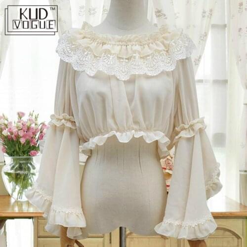 Apricot Black White Long Sleeve Crop Top Women Boat Neck Elegant Blusas Female Frilly Chiffon Bottoming Undershirt Lolita Blouse