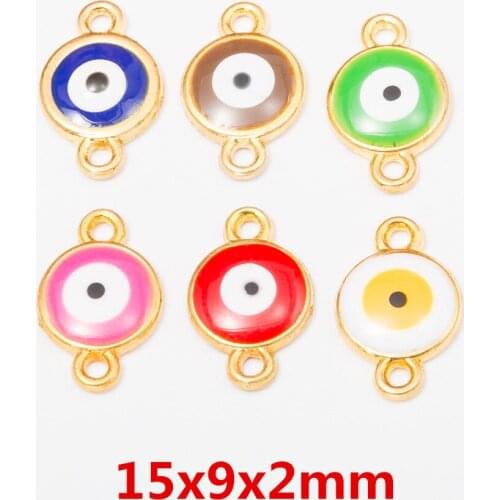 DIY Jewelry Charms 15*9*2mm Round Evil Eye Shape Gold Tone Round Connector Charms Fit Bracelet Necklace Keyring Ornament 30pcs