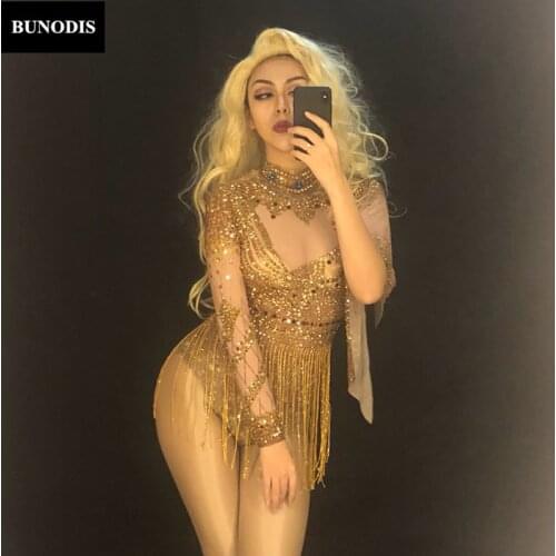 ZD437 Women Sexy Net Yarn Bodysuit Full Gold Sparkling Crystals Tassel Nightclub Birthday Party Stage Wear Dancer Singer Bling