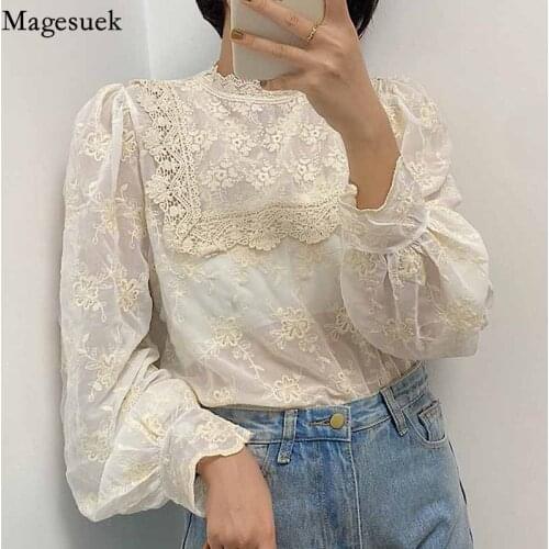 Korean Fashion Sweet Lace Blouse Women Vintage Hollow Flower Stand Collar Shirt Loose Womens Long Sleeve Top Blusas Mujer 16799