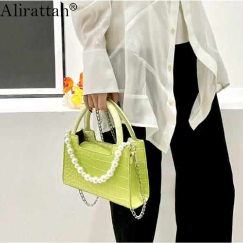 Alirattan New PU Leather Crossbody Bag For Women Luxury Pearl Chain Handbags Fashion Crocodile Pattern Shoulder Messenger Bags