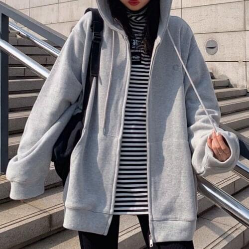 Women Oversized Hooded Sweatshirt Zip Up Baseball Uniform Jacket Spring Autumn Thin Outwear Korean Style Leisure Solid Hoodies