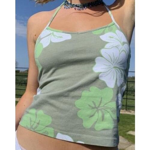 Women Y2K Aesthetic Halter Neck Top Kawaii Flower Print Lace Up Backless Crop Top 90s Vintage Fashion Tops Summer Streetwear