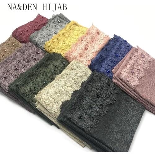 Women linen scarf Plain soild hijabs one side lace pearls borders viscose bandanna shawls muslim head wraps 10pcs/lot