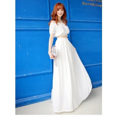 2019 Summer Fashion Women Casual Chiffon Two Piece Set Female Off Shoulder Slash Neck Crop Top & High Waist Long Maxi Skirt Sets