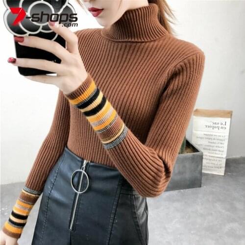 AECU Women Knitted Sweaters Pullovers Turtleneck Color Long Sleeve Women Sweater Femme Pull High Elasticity Pullovers Sweater
