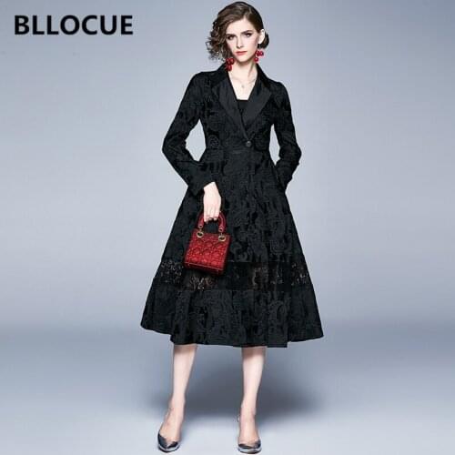 BLLOCUE Runway Fashion Designer Women Black Jacquard Trench Coat 2020 Spring Autumn Lace Splice With Belt Long Overcoat Female