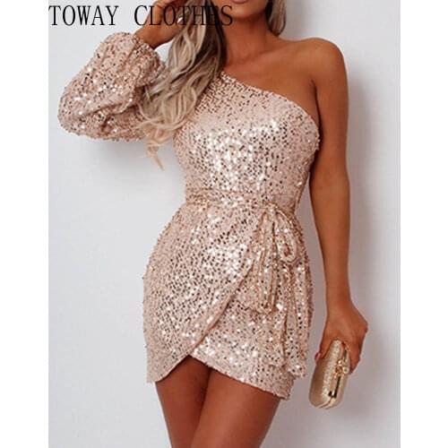 Sequined Colorful Gradient One Shoulder Bodycon Dress Women Dress