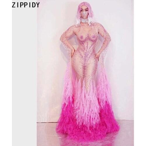 Rose Stones Mesh Fringe Tail Dress Prom Birthday Celebrate Wear Women Dance Show Evening Party Floor-length Dresses