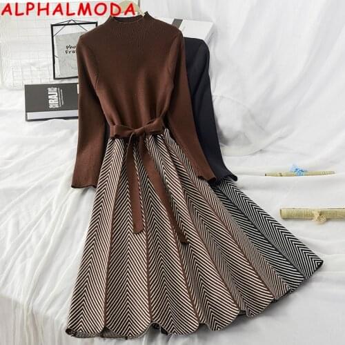 ALPHALMODA High Collar A-line Knit Dress Womens 2019 New Thickened Arrow Striped Women Elegant Sashes Knitted Dress