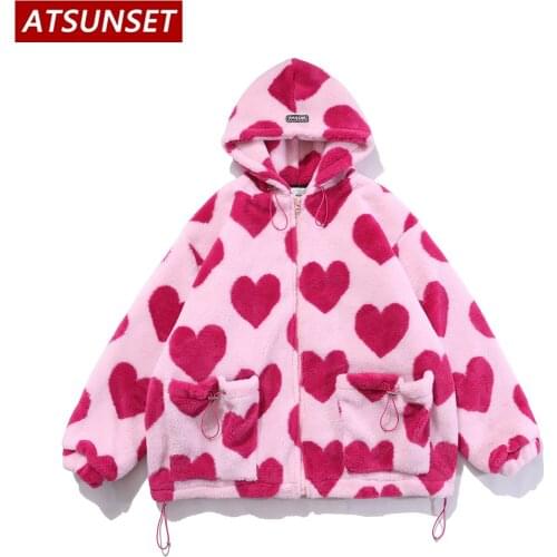 ATSUNSET Cute Heart-shaped Print Lambswool Winter Jacket Hooded Cotton Coat Thick Warm Harajuku High Street Couple Streetwear
