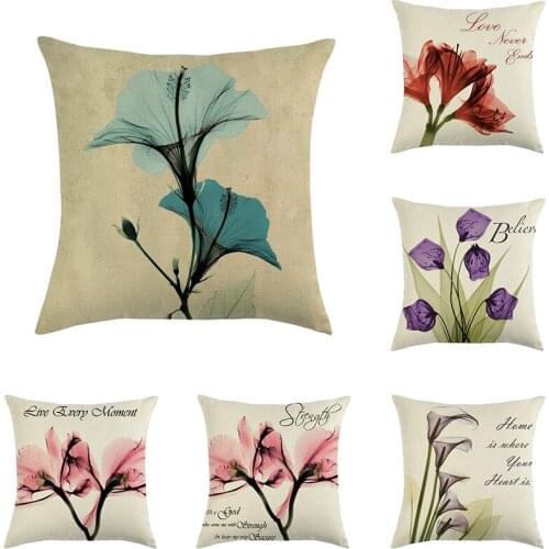 Home Decor Colourful Flowers Cushion Cover Decorative Polyester Linen Office Sofa Car Floral Throw Pillow Cases 45x45cm