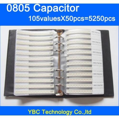 Free Shipping 0805 SMD Capacitor Sample Book 105valuesX50pcs=5250pcs 0.5PF~10UF Capacitor Assortment Kit Pack