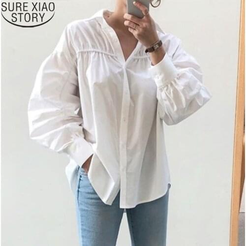 Plus Size women clothing Puff Sleeve blouse loose Tops White 2021 New Autumn Turn-down Collar Korean Vintage Casual Cotton 12364