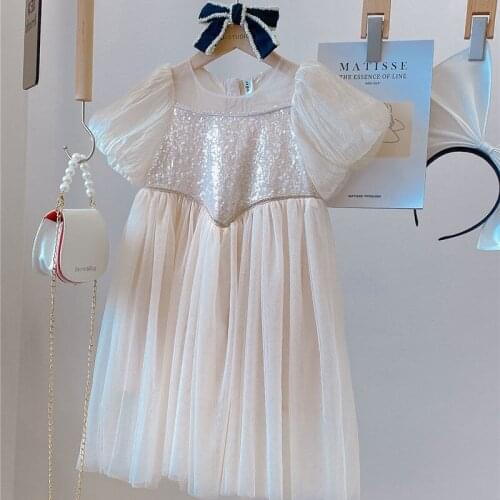 Childrens 2021 summer new girls dress French bubble sleeve glittering diamond waist Fashion Princess Dress