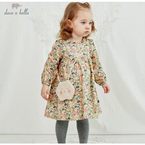 DBM14557 dave bella autumn baby girls fashion floral ruched dress with a small bag party dress kids infant lolita 2pcs clothes