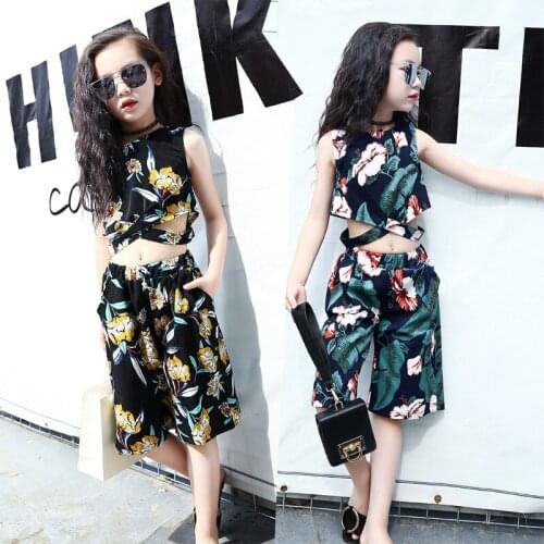 Child 2017 New Girls Summer Floral Cotton Sleeveless Midriff Floral Top Wide Leg Pants Seven Suit Girls Set