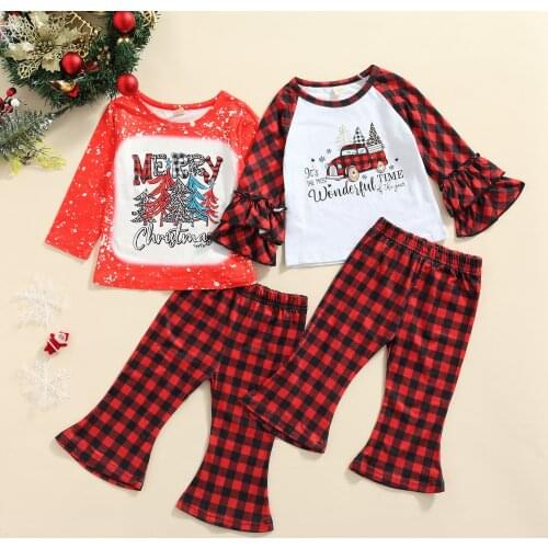 FOCUSNORM 0-5Y Infant Baby Girls Christmas Clothes Sets 2pcs Cartoon Plaid Printed Long Sleeve Pullover Tops Flare Pants