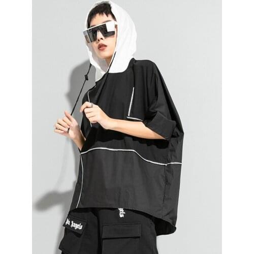 Ladies summer new classic black street fashion brand color patchwork bat sleeve hoodie T-shirt loose casual irregular T-shirt