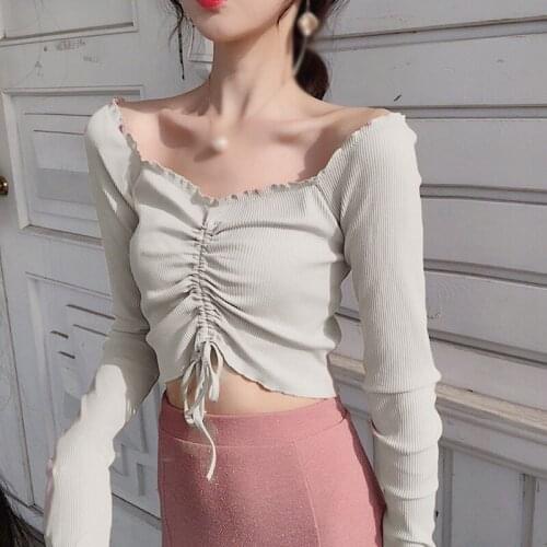 T-Shirt For Women Off Shoulder One Neck Sexy Slim Long Sleeve Top With Front Drawstring Short White Tops Solid Color