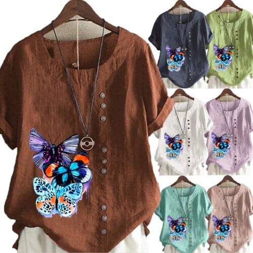New Womens Summer Short Sleeve T-shirt Casual Cotton Linen Graphic Shirt Leisure Fashion Loose Butterflies Prined Blouse Tops