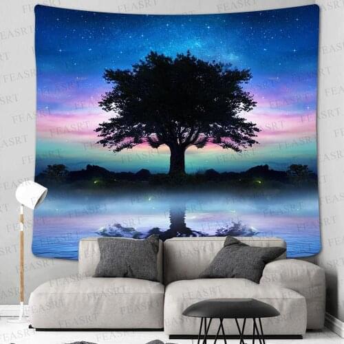 Starry sky tree Tapestry Wall Mount Lake reflection Carpet Wall Cloth Tapestry Hippie Mandala Tapiz Landscape Home DecorTapestry
