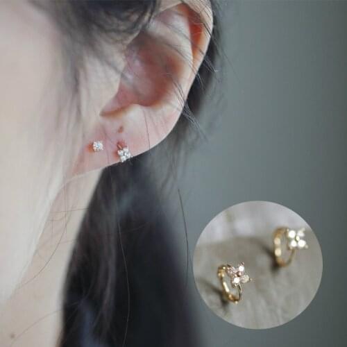 Customized Mini four leaf small flower earring pure 9K GOLD zircon temperament simple small ear buckle Earring