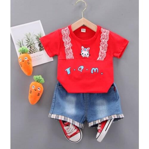 2- Pieces Cotton Girls Clothing Sets New Summer Baby Kids Sweet Cartoon T-shirt+denim Shorts Sets Fashion Girls Clothes Suits