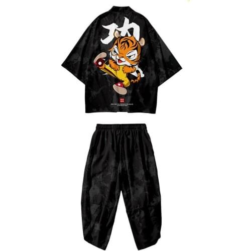 Guochao Summer Ordinary Casual Taoist Robe Kung Fu Tiger Black White Style Short Sleeve Loose Shirt Set Kimono Coat Pants Suit